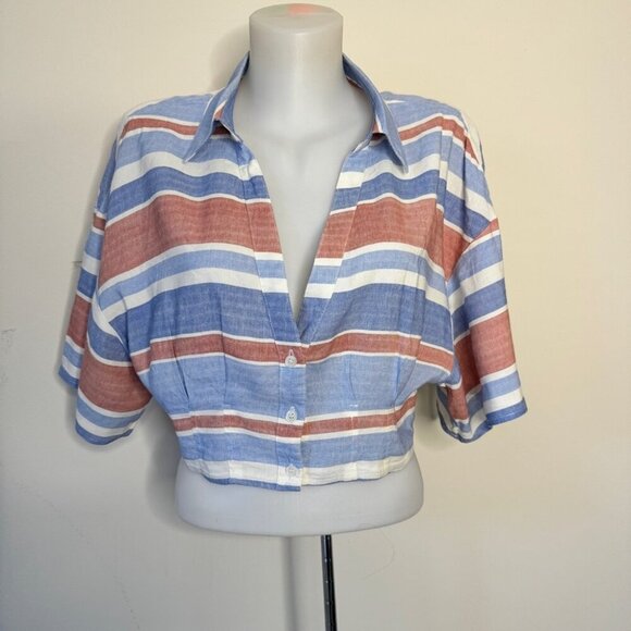 Zara Blouse Striped Linen Blend Button Up Cropped Short Sleeve Collared Sz S - Picture 2 of 14